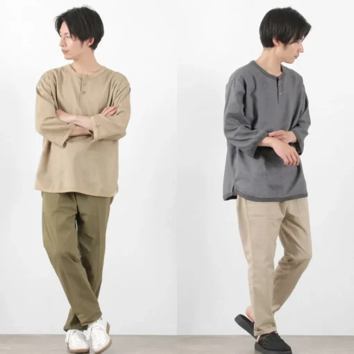 RE MADE IN TOKYO JAPAN / Linen Canvas Henry Neck T-Shirt